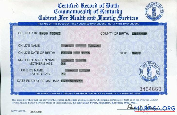 Blank United States Commonwealth of Kentucky birth certificate example